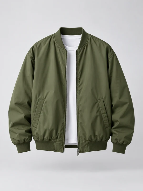 Illustrative olive bomber jacket product asset